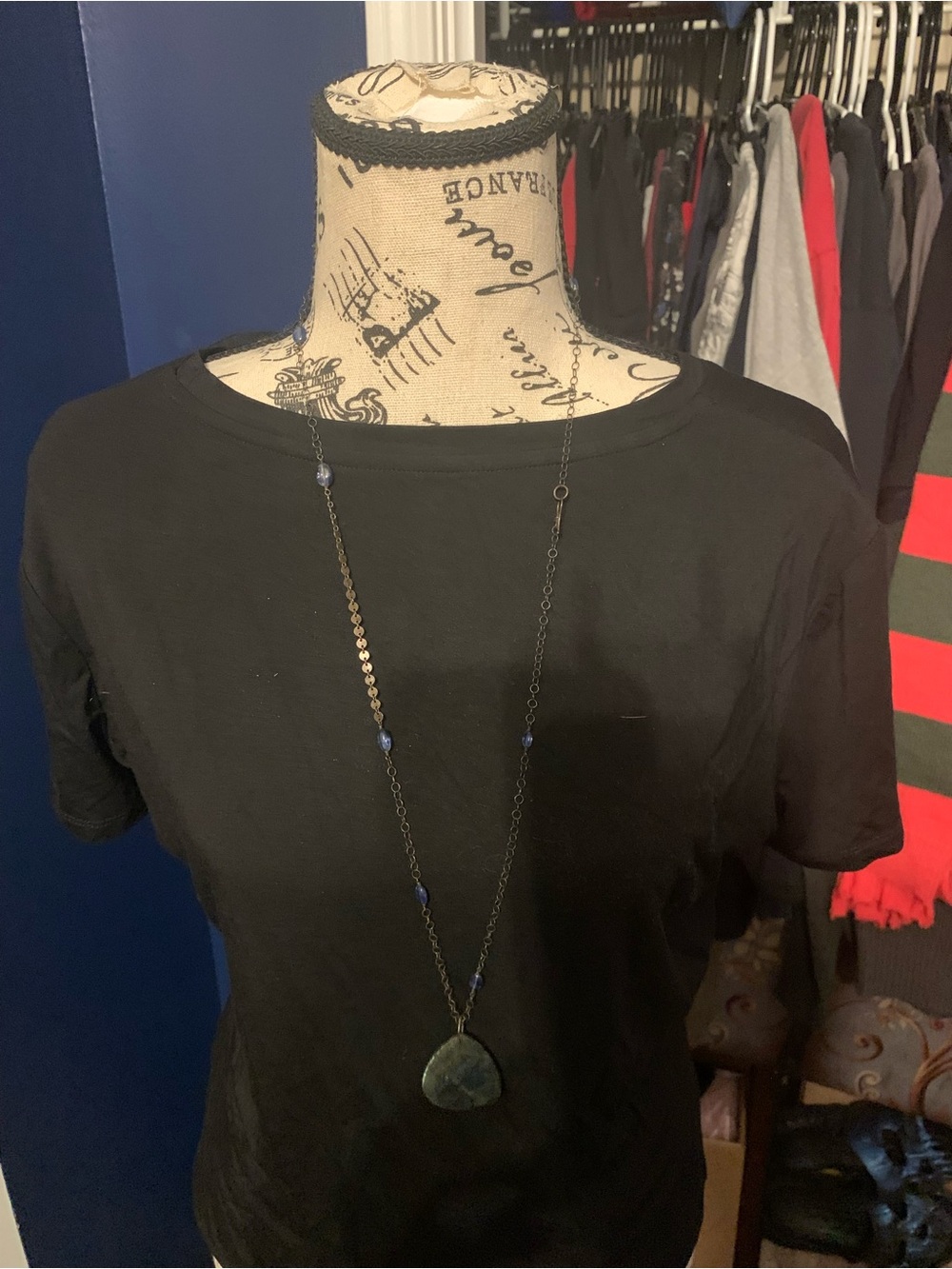 Long Black Chain Necklace with Blue Accents and Pendant